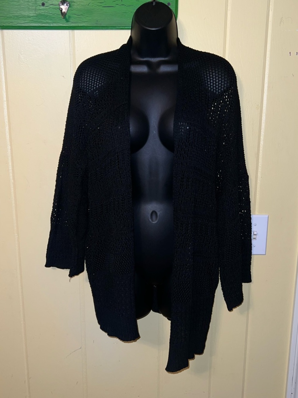 Crochet Black Open-Front Knit Long Sleeve Flowy Cardigan One Size - Picture 2 of 7